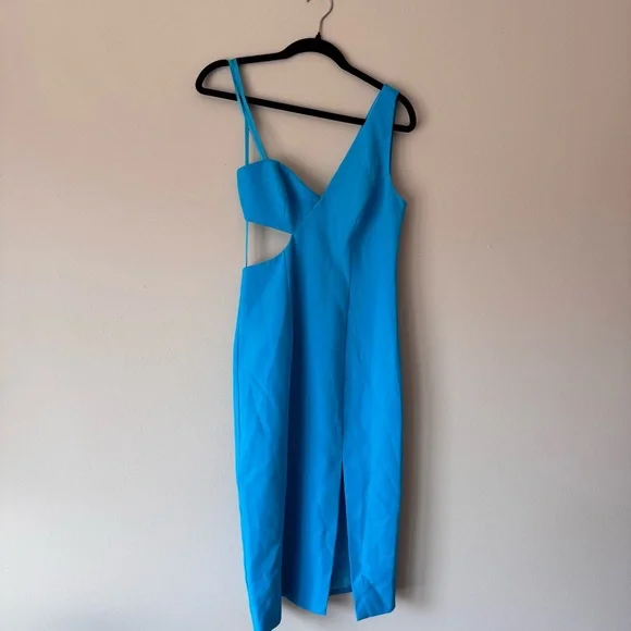 BCBGMaxAzria One Shoulder Cutout Dress NWT Blue Asymmetrical Midi Cocktail Dress - Picture 2 of 12